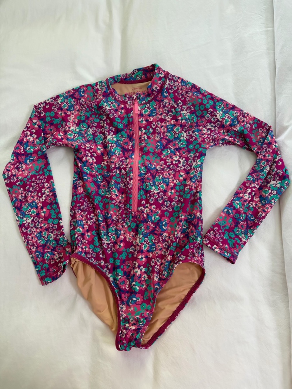 Crewcuts Kids Floral Long-Sleeve One-Piece Swimsuit - Magenta/Pink, UPF 50